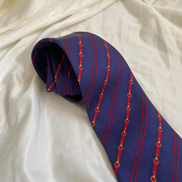 Celine Paris blue red stripped silk luxury men's neck tie - Picture 7 of 9